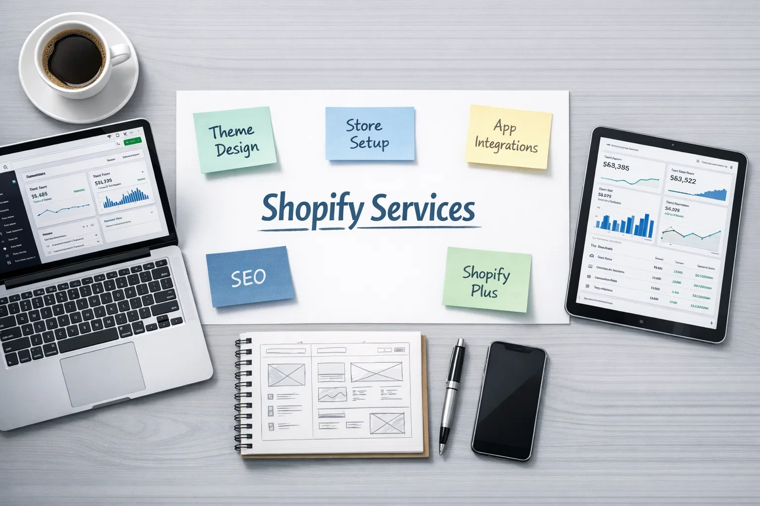 "Modern workspace scene with laptop, wireframes, analytics, and service labels for Shopify theme design, store setup, app development, and SEO."