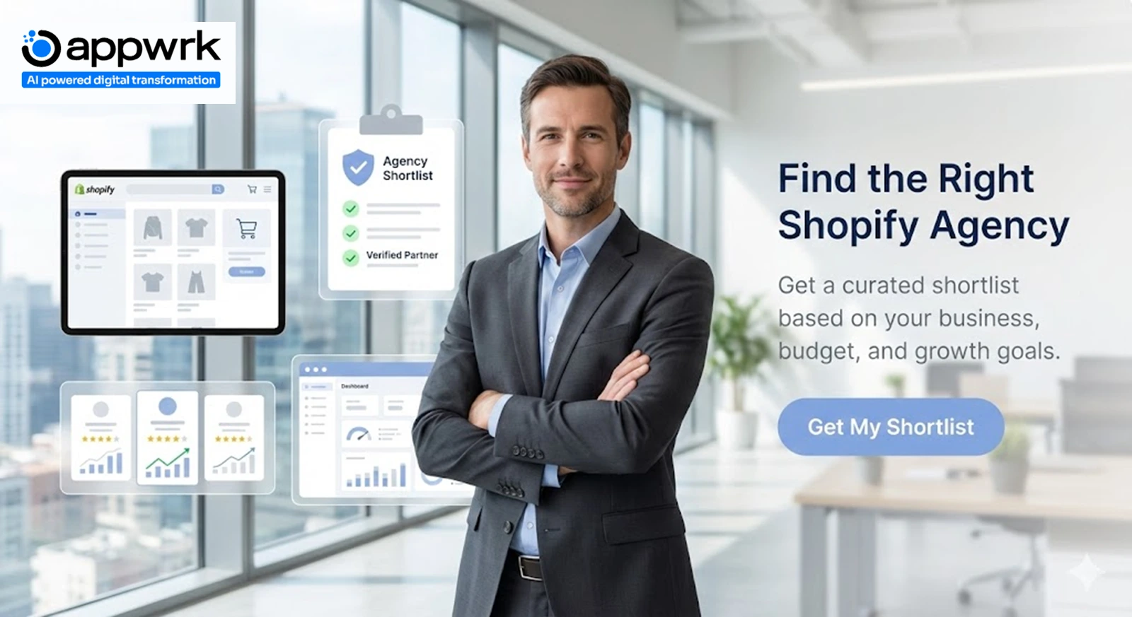 "Professional consultant with Shopify UI elements and checklist overlay, promoting a curated agency shortlist service by Appwrk."