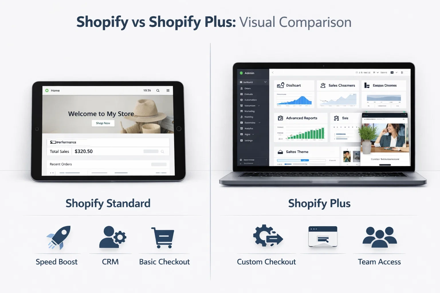"Side-by-side visual comparison of Shopify Standard and Shopify Plus dashboards, showcasing differences in features and UI for business decision-making."