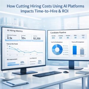 AI hiring dashboard showing recruitment metrics, candidate pipeline data, time-to-hire trends, and ROI analytics on dual monitors_