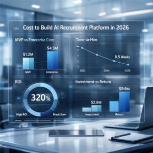 Dashboard showing AI recruitment platform cost analysis including MVP vs enterprise investment, time-to-hire trend reduction, ROI reaching 320%, and investment vs return comparison charts_