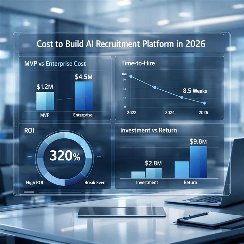 Dashboard showing AI recruitment platform cost analysis including MVP vs enterprise investment, time-to-hire trend reduction, ROI reaching 320%, and investment vs return comparison charts_