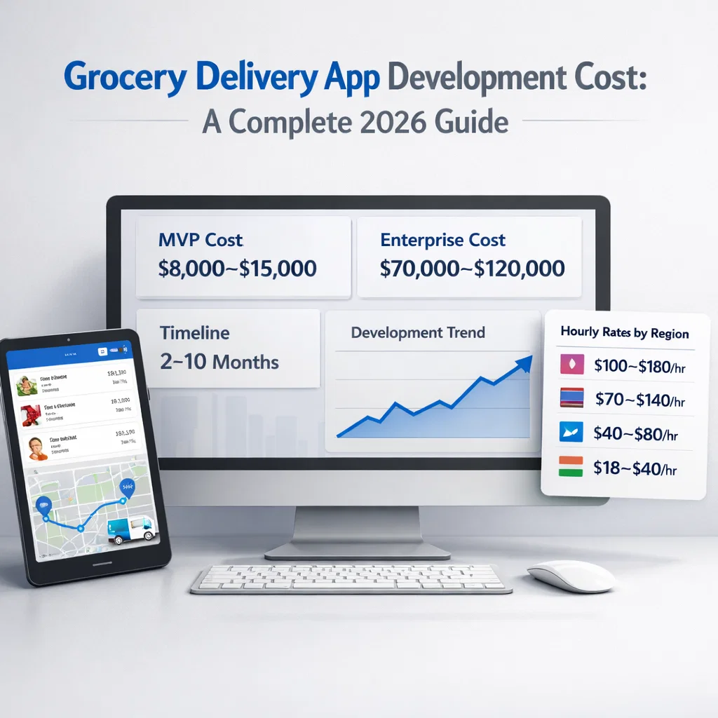 Desktop monitor displaying grocery delivery app development cost ranges for MVP ($8,000–$15,000) and enterprise ($70,000–$120,000), alongside regional hourly developer rates and mobile grocery app UI preview_