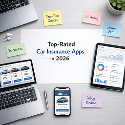 Top-rated car insurance apps in 2026 showing real-time quotes, AI pricing, telematics, secure data, and policy binding features across mobile and desktop dashboards_ 1
