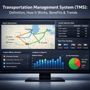 Transportation Management System dashboard showing route optimization map, carrier selection rates, shipment tracking timeline, freight billing validation alerts, and analytics charts on a desktop monitor_ (1)