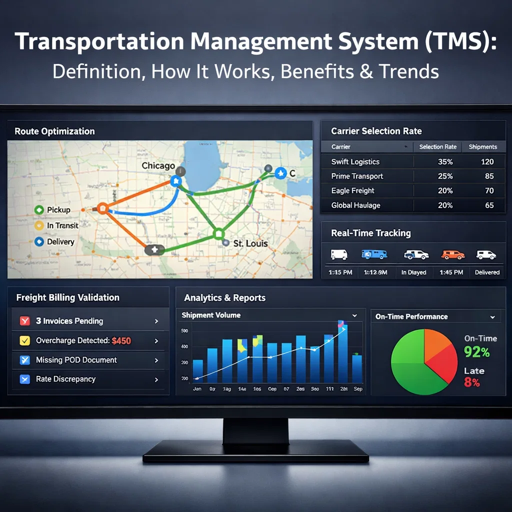 Transportation Management System dashboard showing route optimization map, carrier selection rates, shipment tracking timeline, freight billing validation alerts, and analytics charts on a desktop monitor_ (1)