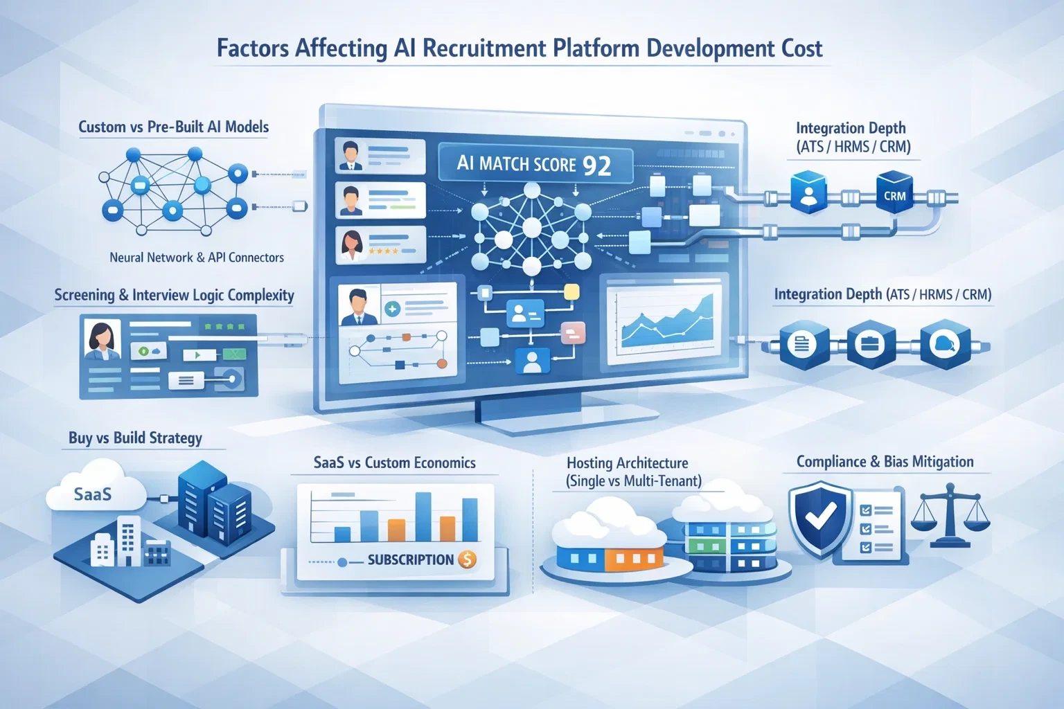 a modern HR technology dashboard displayed on a sleek glass interface, surrounded by floating UI elements representing core cost drivers.
