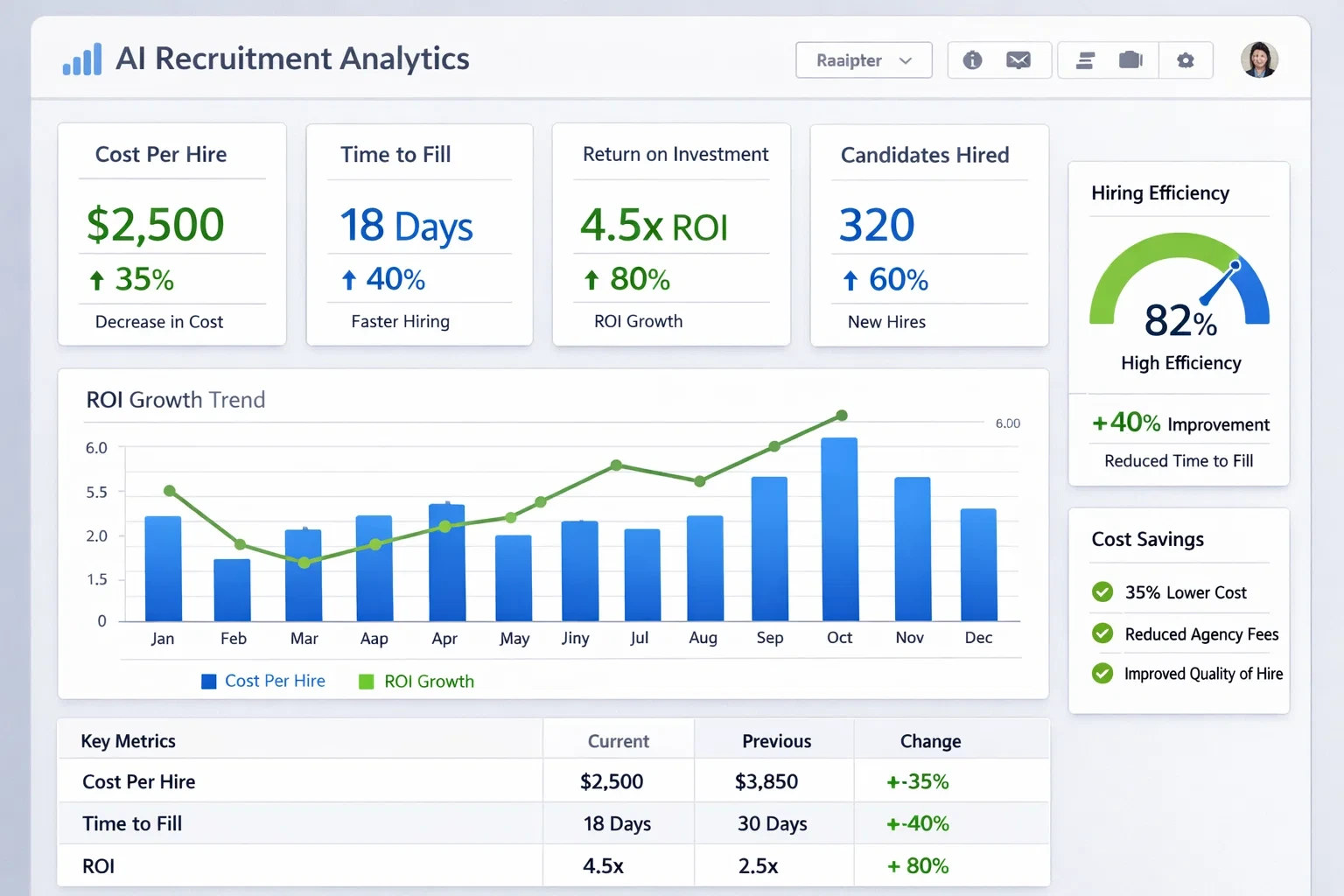 AI recruitment analytics dashboard showing cost-per-hire, ROI growth, hiring efficiency, and monthly performance trends.