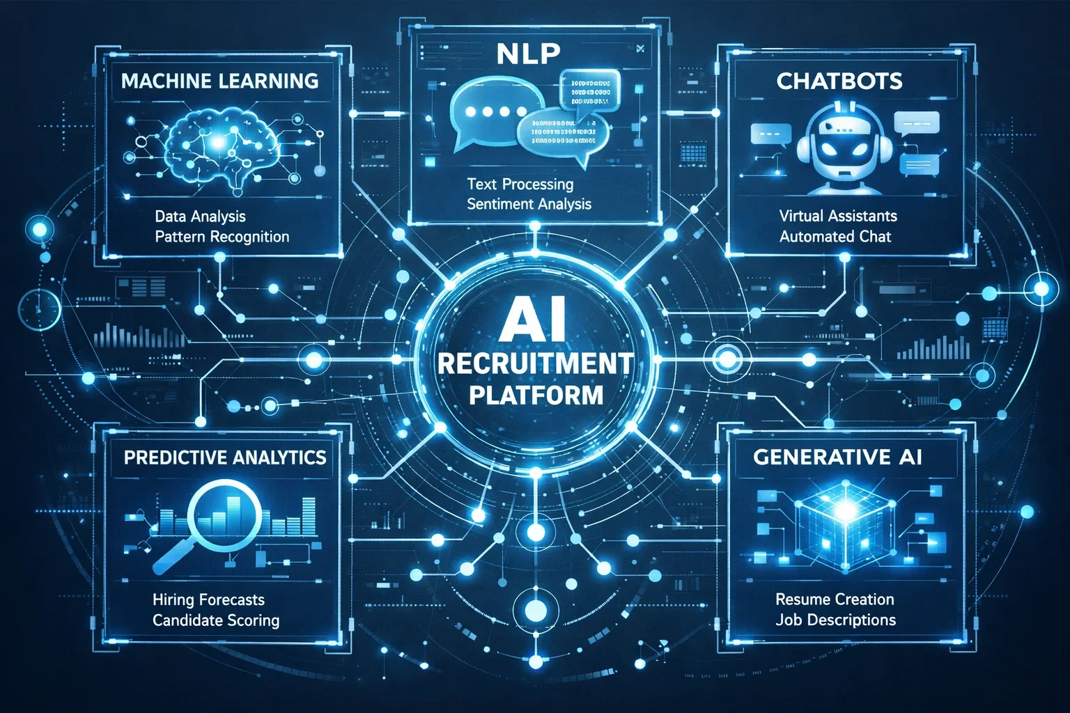 AI recruitment platform architecture diagram featuring machine learning, NLP, chatbots, predictive analytics, and generative AI modules.