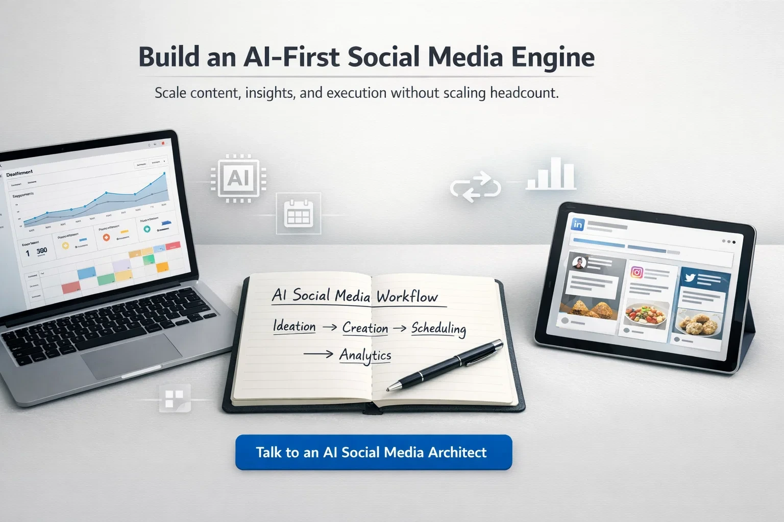 AI social media workflow visual showing blog content processed through AI and converted into platform-specific posts, with a content calendar, scheduling confirmation on mobile, and a CTA to design an AI social media workflow.