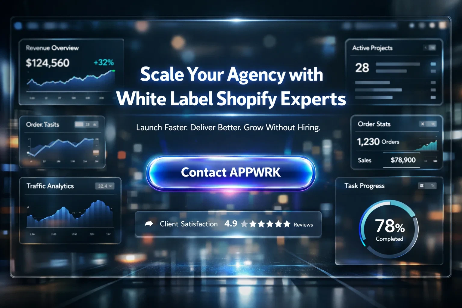 Analytics interface displaying performance metrics and graphs with headline “Scale Your Agency with White Label Shopify Experts” and contact button.