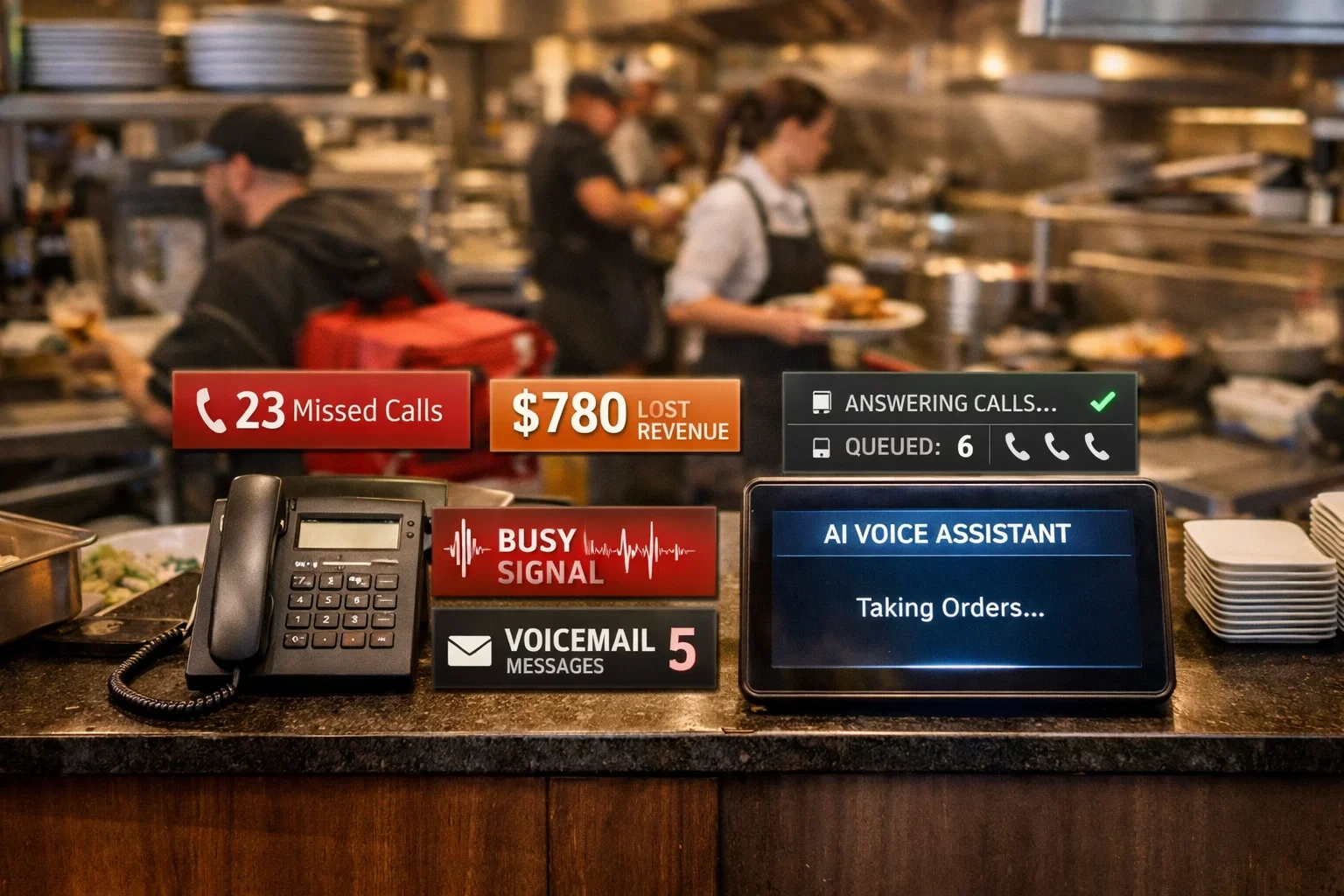 Busy restaurant counter showing missed phone calls, voicemail backlog, and lost revenue indicators alongside an AI voice assistant actively answering incoming orders.