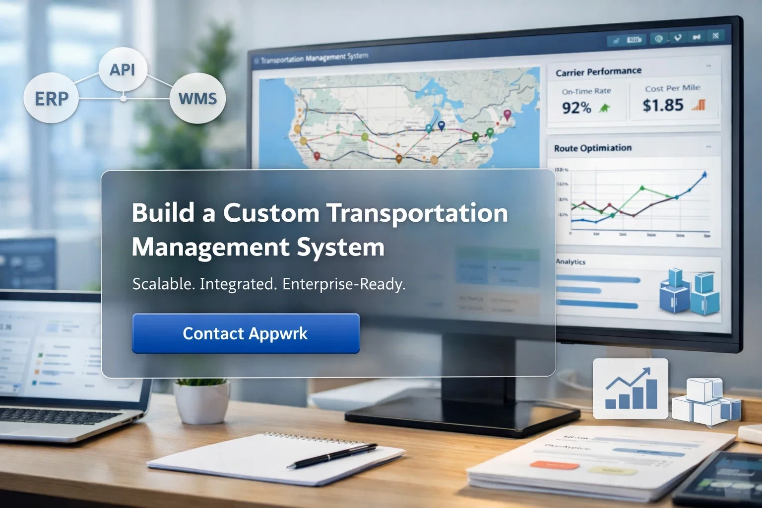 Call-to-action banner displaying logistics analytics dashboard with text “Build a Custom Transportation Management System – Scalable, Integrated, Enterprise-Ready” and a Contact Appwrk button.