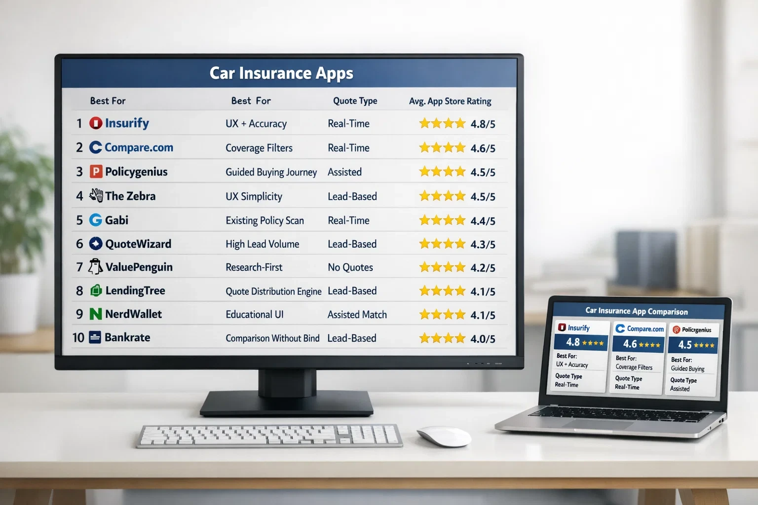 Car insurance apps ranking table comparing Insurify, Compare.com, Policygenius, The Zebra, Gabi, and others by best use case, quote type, and average app store rating.