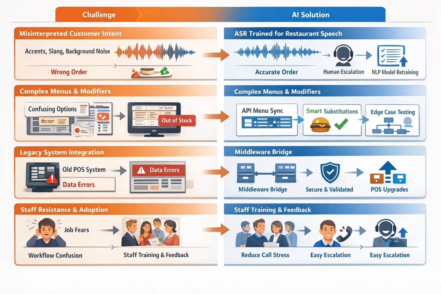 Challenge-versus-solution diagram for restaurant voice ordering systems, addressing misinterpreted intent, complex menus, legacy POS integration, and staff adoption using AI-driven solutions.