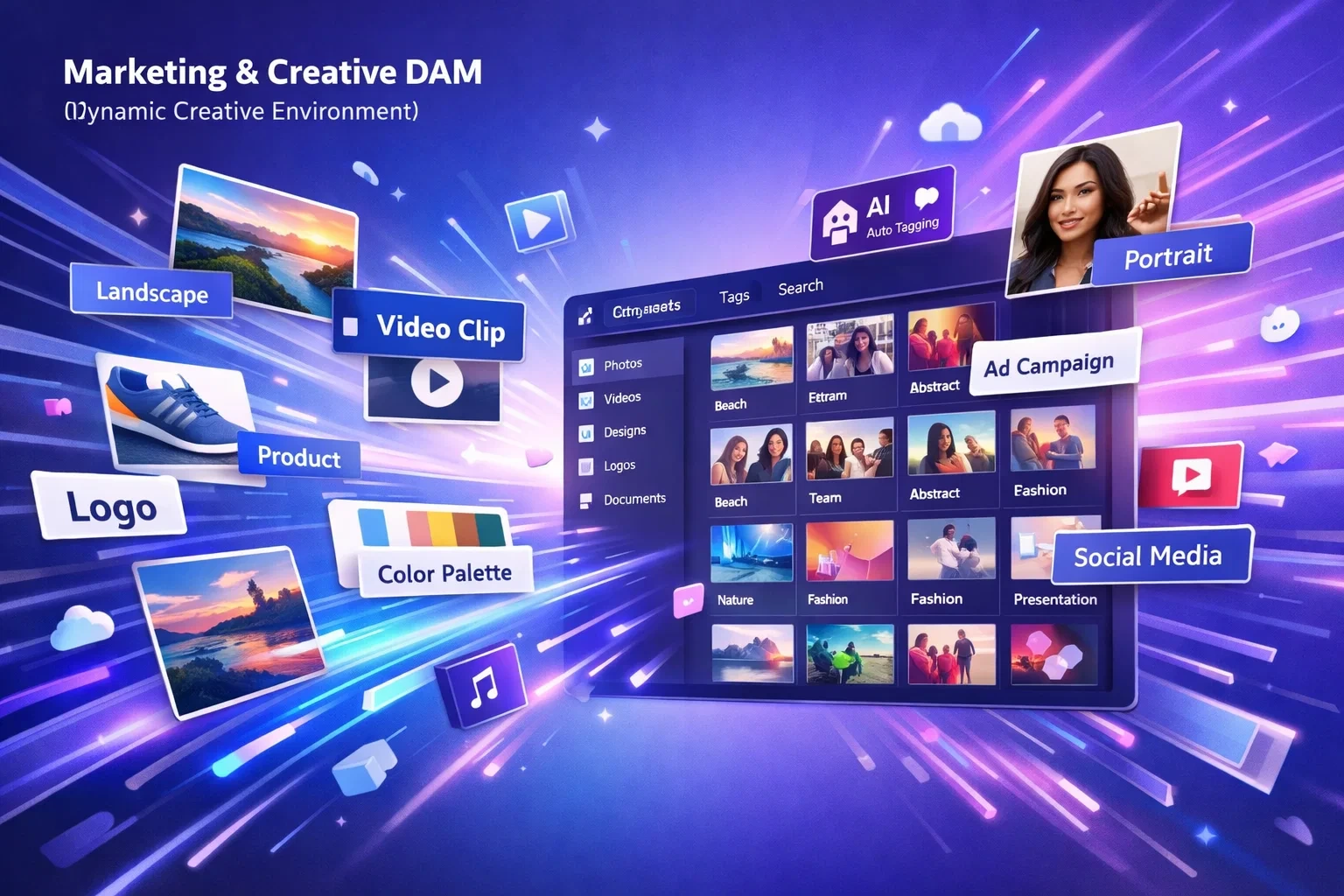 Colorful digital asset management interface showing creative assets like videos, logos, product images, social media content, and AI auto-tagging in a dynamic creative workspace.
