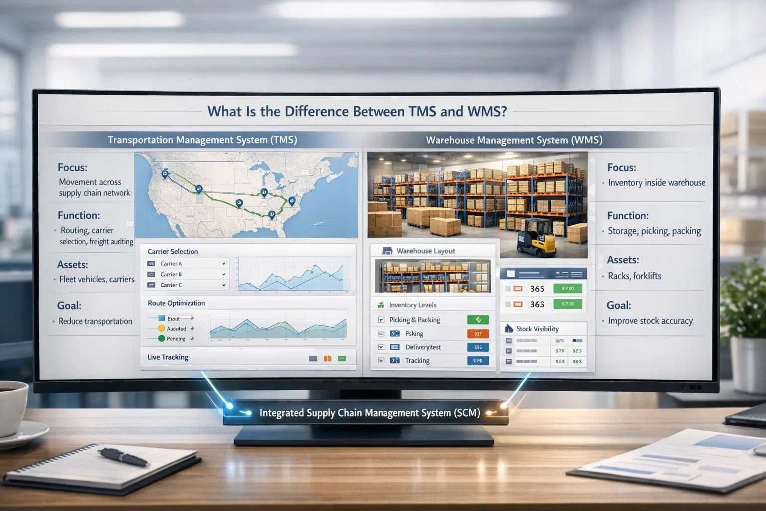 Comparison display explaining differences between Transportation Management System and Warehouse Management System including focus, functions, assets, visibility, and goals within a unified supply chain system.