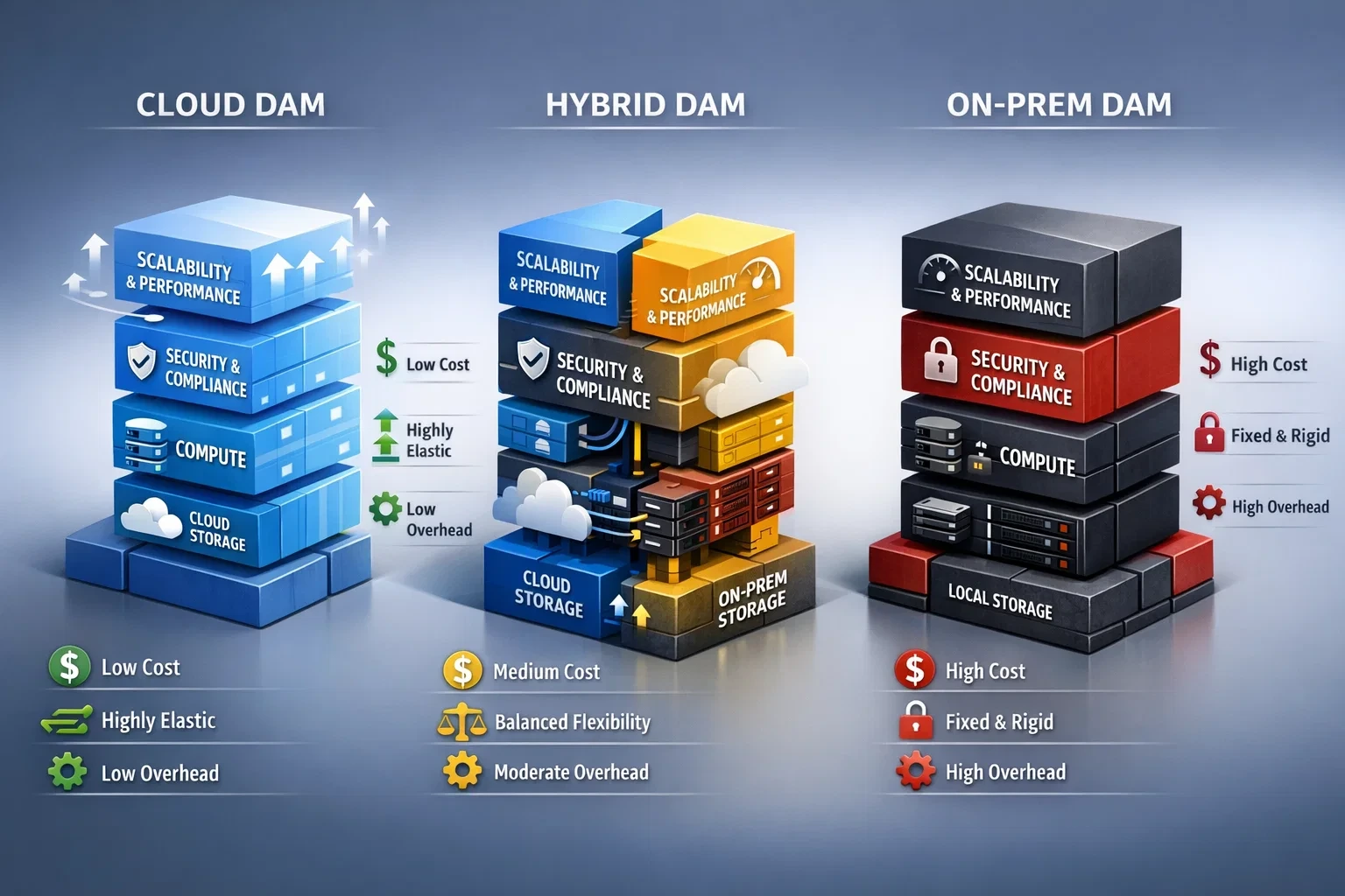 Comparison graphic of Cloud DAM, Hybrid DAM, and On-Prem DAM stacks highlighting scalability, security, compute, storage, cost levels, elasticity, and operational overhead.
