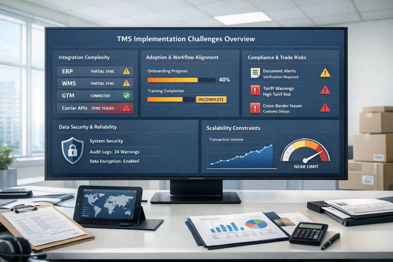 Dashboard showing transportation management system challenges including integration complexity, onboarding progress, compliance risks, data security metrics, and scalability constraints nearing system limits.