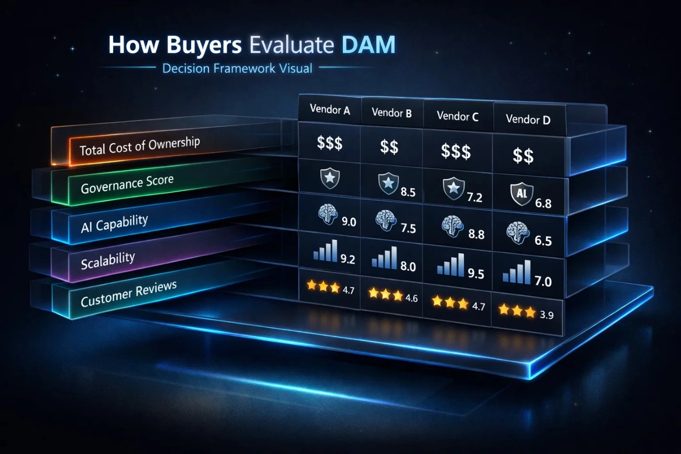 Decision framework visual comparing DAM vendors based on total cost of ownership, governance score, AI capability, scalability, and customer reviews.