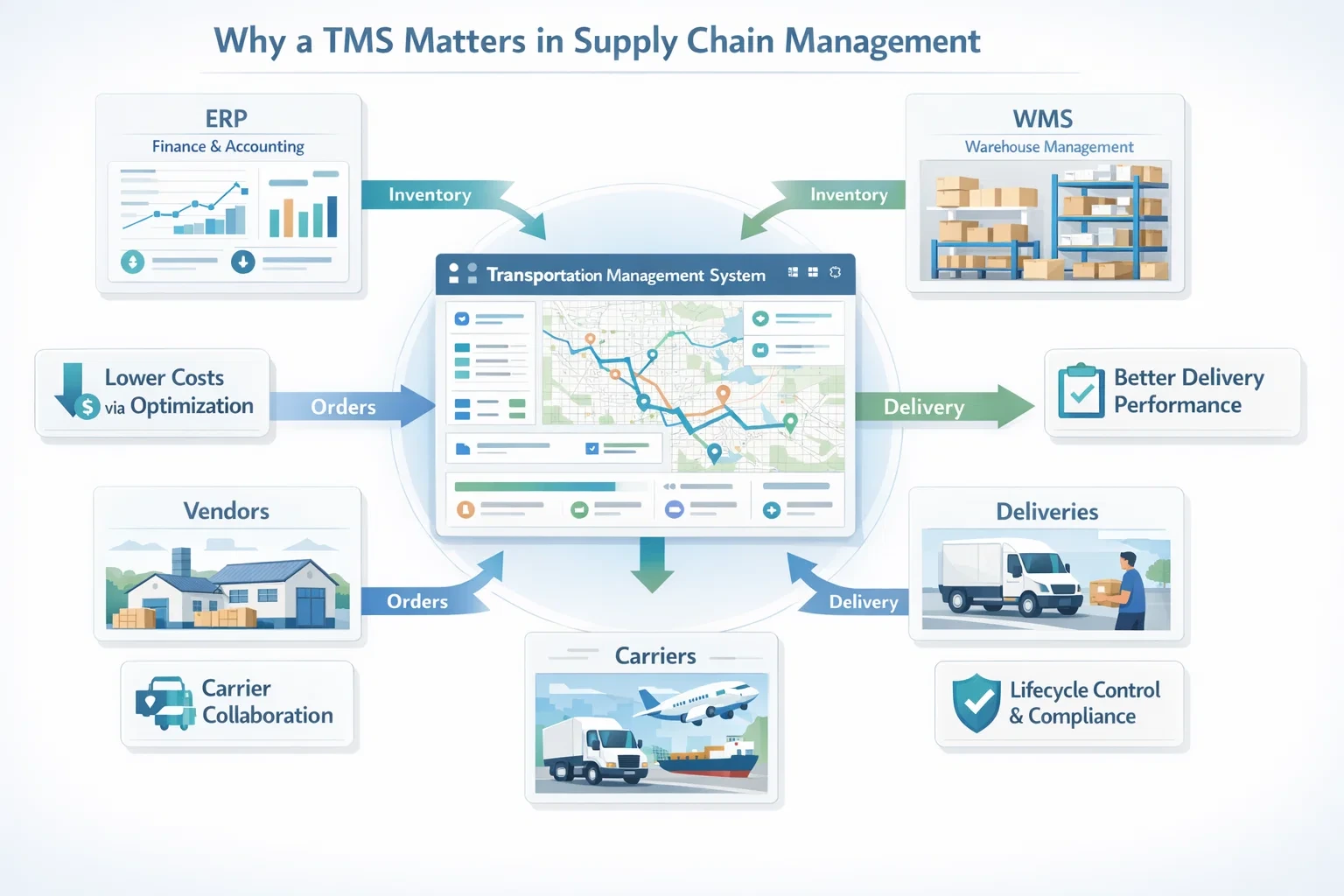 Diagram showing how a Transportation Management System connects ERP, WMS, vendors, carriers, and deliveries to improve costs, delivery performance, collaboration, and lifecycle compliance.
