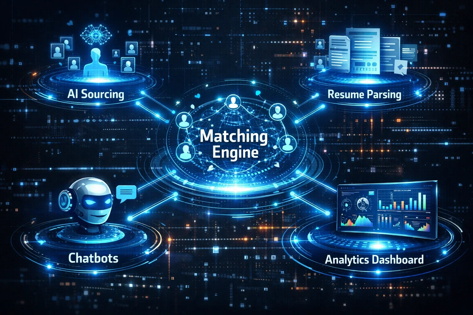 Digital diagram of AI recruitment system architecture showing matching engine connected to AI sourcing, resume parsing, chatbots, and analytics dashboard modules.