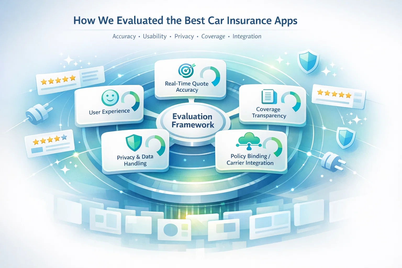 Evaluation framework diagram highlighting real-time quote accuracy, coverage transparency, user experience, privacy and data handling, and carrier integration criteria.