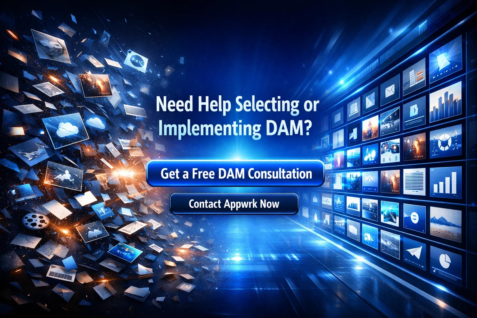 Futuristic digital environment showing floating media files and asset screens with a call-to-action for selecting or implementing digital asset management software.