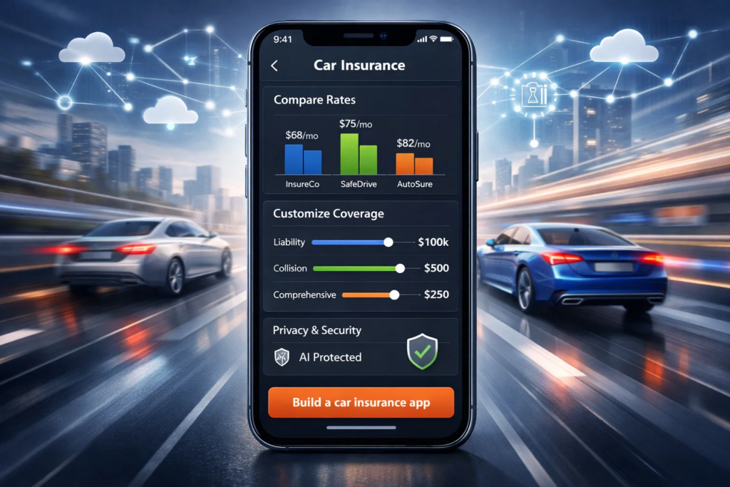 A sleek, mobile-first visual of a smartphone displaying a car insurance app dashboard with comparison charts, coverage sliders, and privacy indicators.