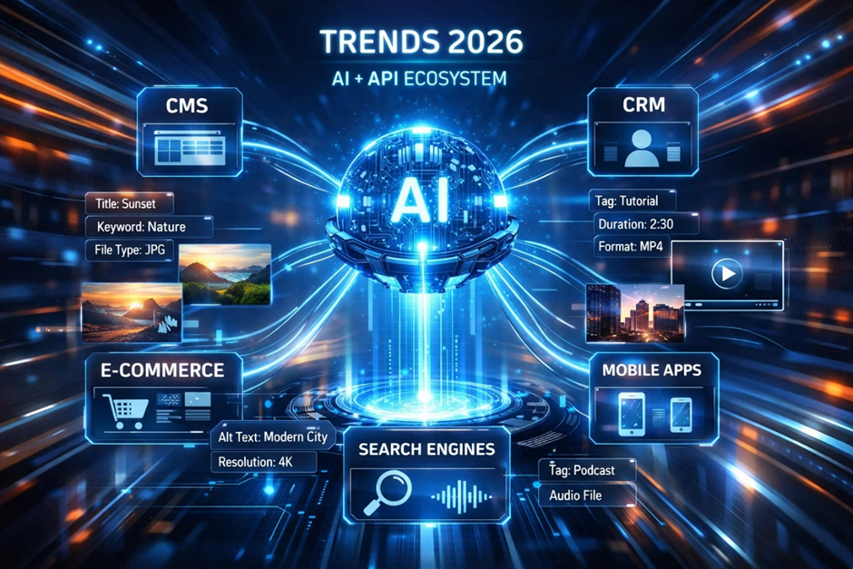 Futuristic AI-powered ecosystem connecting CMS, CRM, e-commerce, mobile apps, and search engines to a centralized digital asset management system.