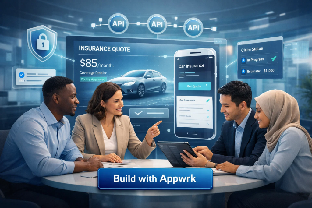 a diverse team of insurance and technology professionals collaborating around a digital car insurance platform interface.
