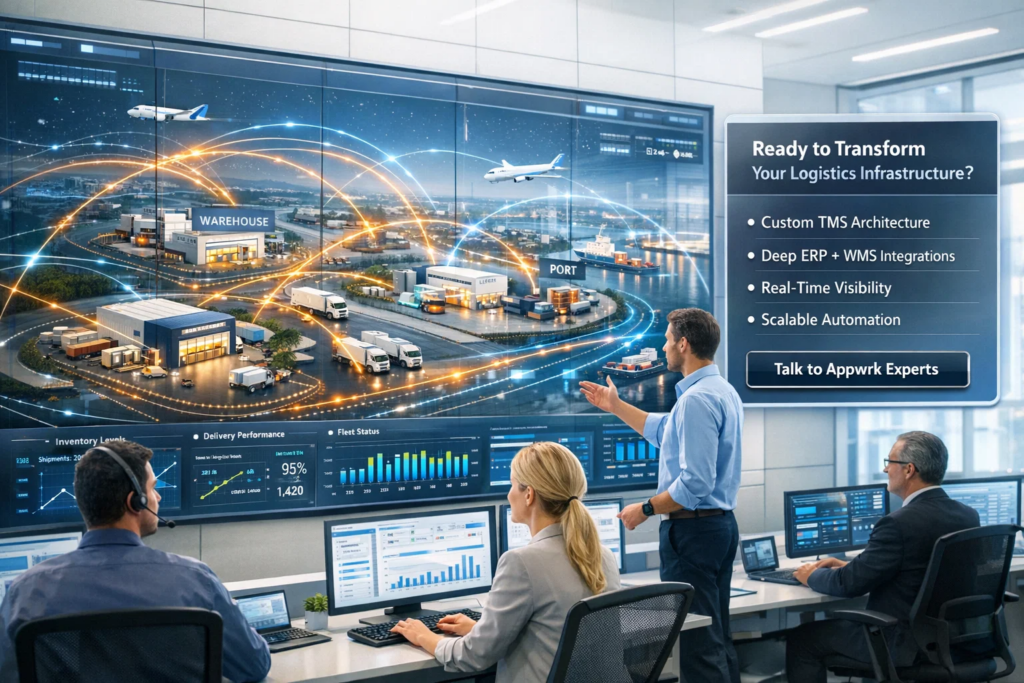 Digital logistics control room displaying global supply chain network with warehouses, ports, trucks, and planes connected by data lines alongside a panel listing custom TMS architecture, ERP/WMS integrations, real-time visibility, and scalable automation.