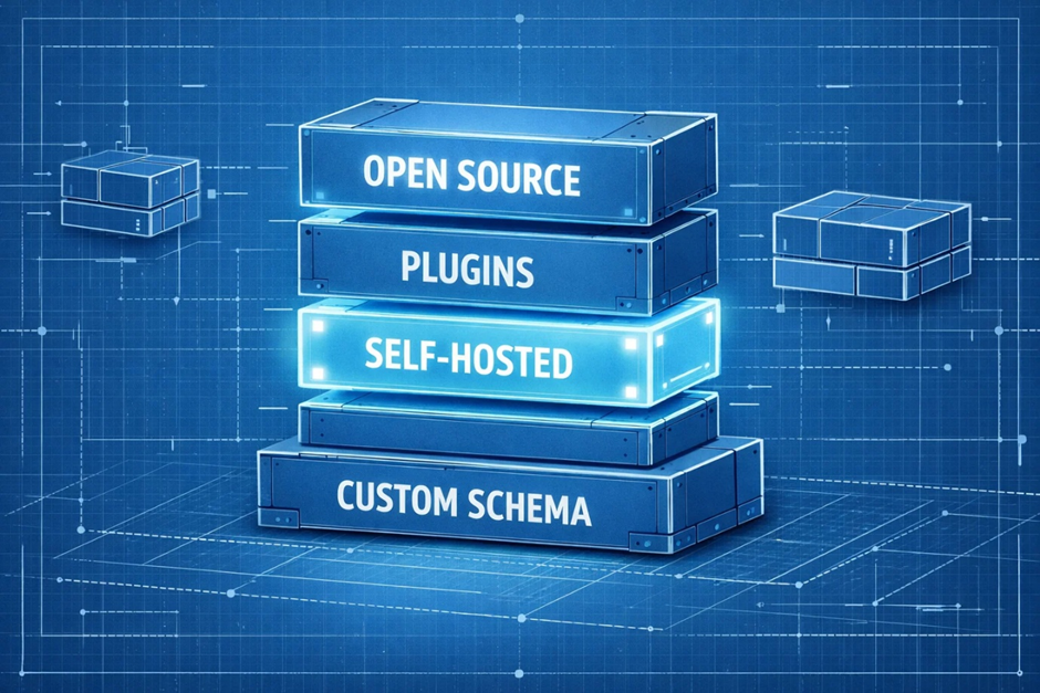 Stacked digital blocks labeled open source, plugins, self-hosted, and custom schema representing open-source digital asset management architecture.