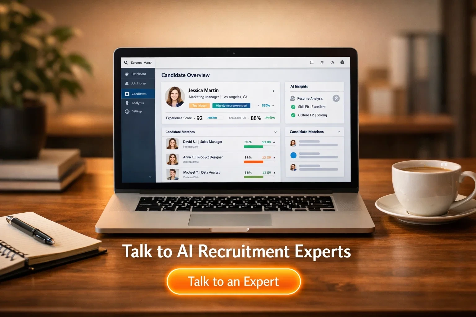 Laptop displaying AI recruitment platform interface with candidate overview and “Talk to an Expert” call-to-action button.