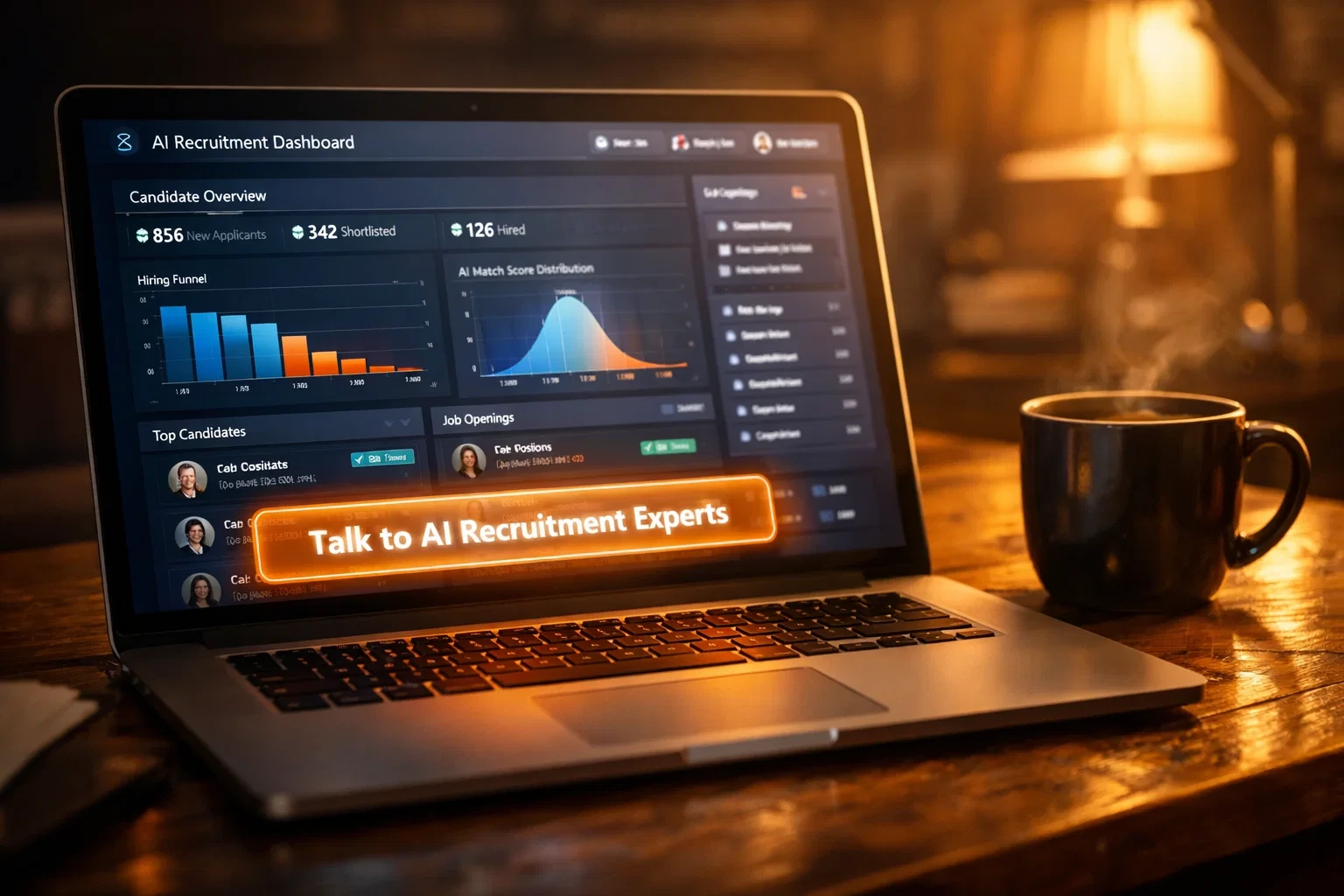Laptop displaying an AI recruitment dashboard with candidate analytics, hiring funnel charts, and job data, featuring a glowing “Talk to AI Recruitment Experts” call-to-action button on screen beside a coffee mug in a warm-lit workspace.