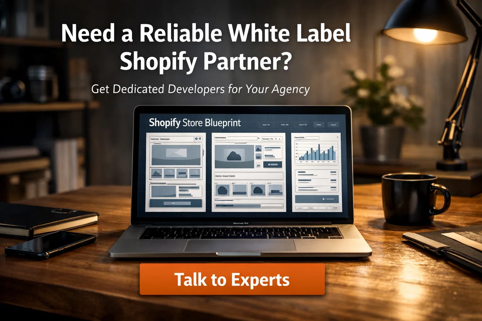 Laptop displaying Shopify store blueprint interface with headline inviting users to find a reliable white label Shopify partner and talk to experts.