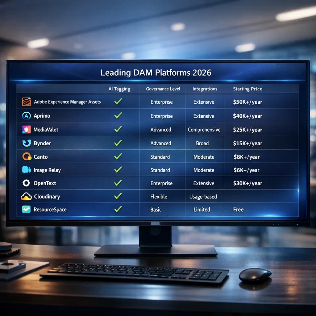 Large monitor displaying a comparison table of leading digital asset management platforms in 2026, showing AI tagging, governance levels, integrations, and starting price tiers.