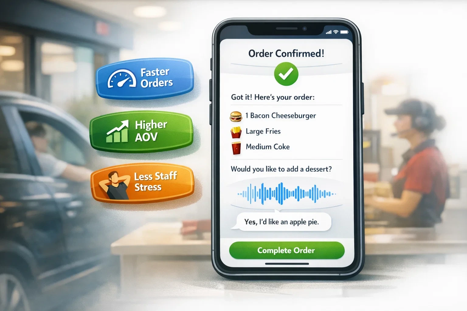 Mobile-based AI voice ordering interface confirming a completed restaurant order, highlighting benefits such as faster order processing, higher average order value, and reduced staff stress.