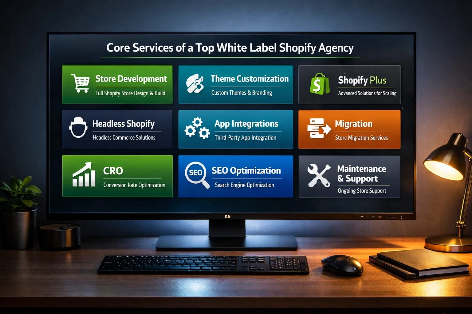 Monitor showing core services of a top white label Shopify agency such as store development, theme customization, integrations, SEO, migration, and support.