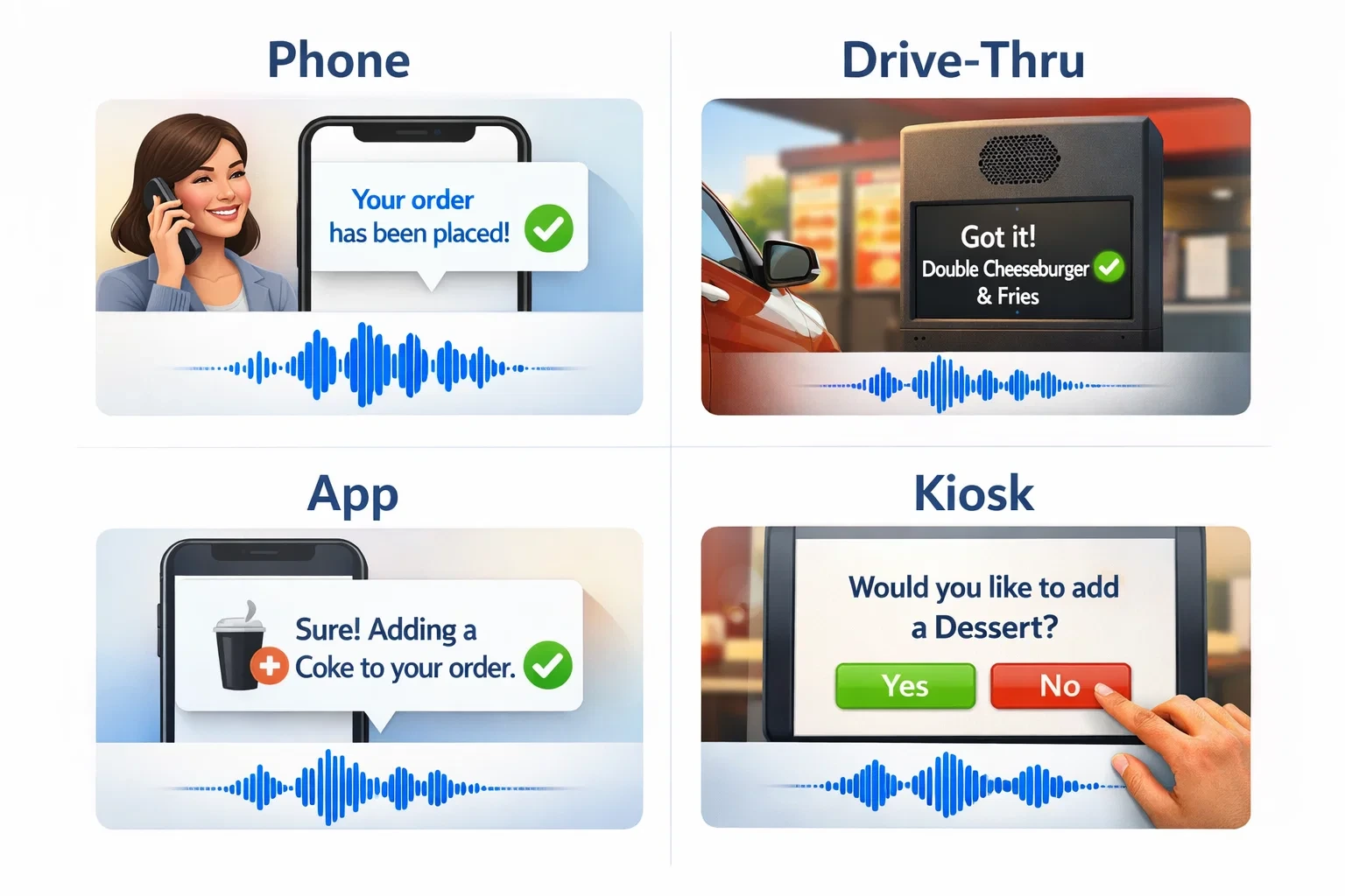 Multi-channel restaurant voice ordering use cases across phone, drive-thru, mobile app, and self-service kiosk, each showing real-time order confirmation via voice interaction.