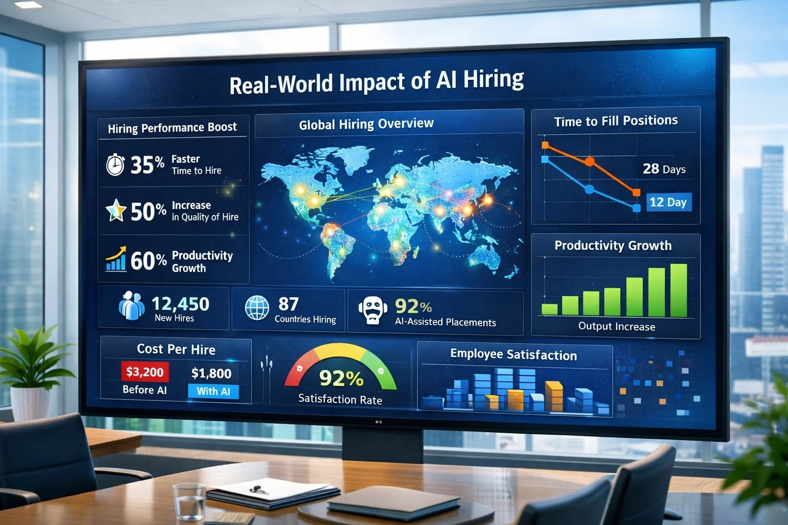 Real-world impact of AI hiring dashboard displaying global hiring map, productivity growth charts, and cost-per-hire comparison.