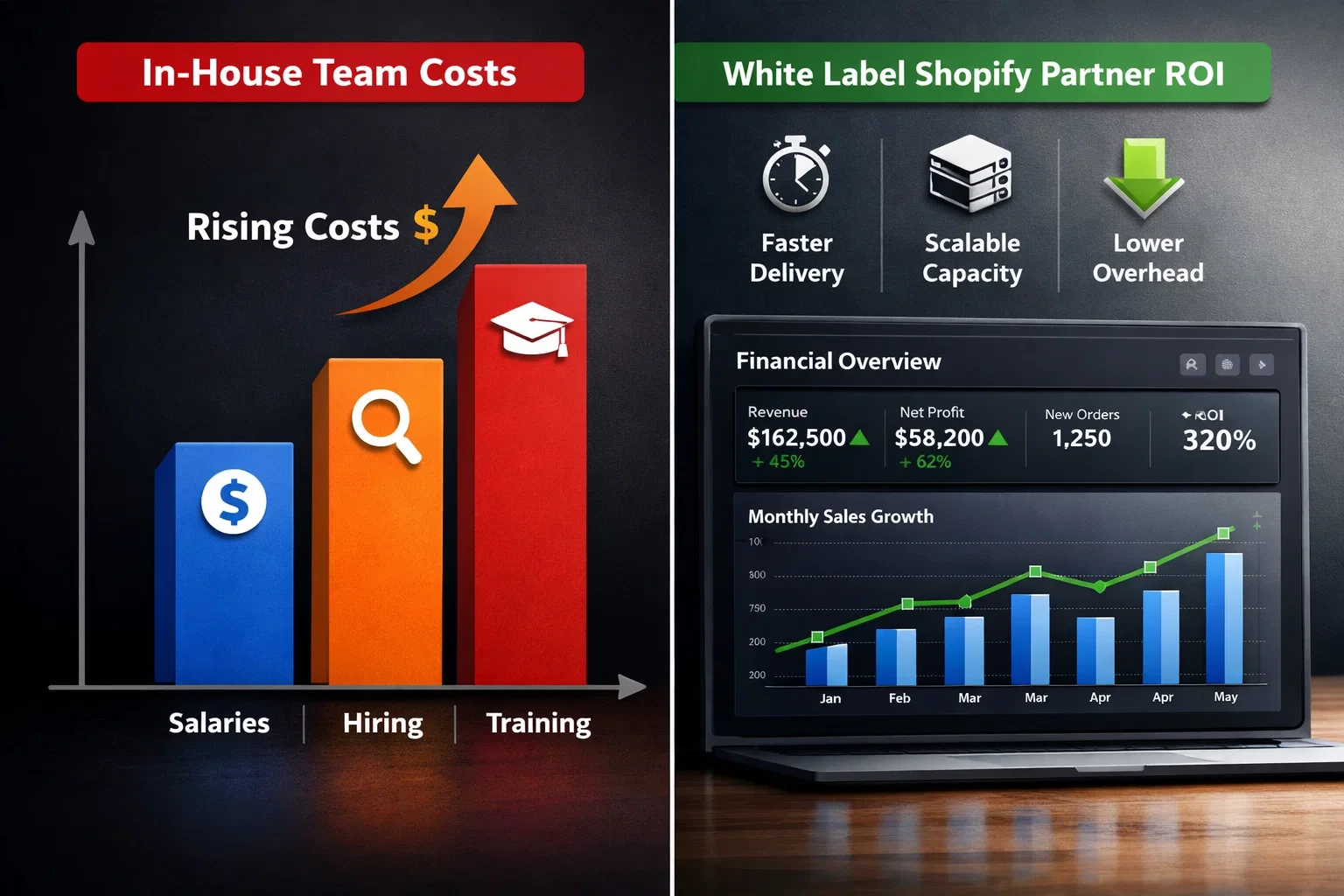 Side-by-side chart comparing rising in-house team costs versus white label Shopify partner ROI with financial growth analytics.