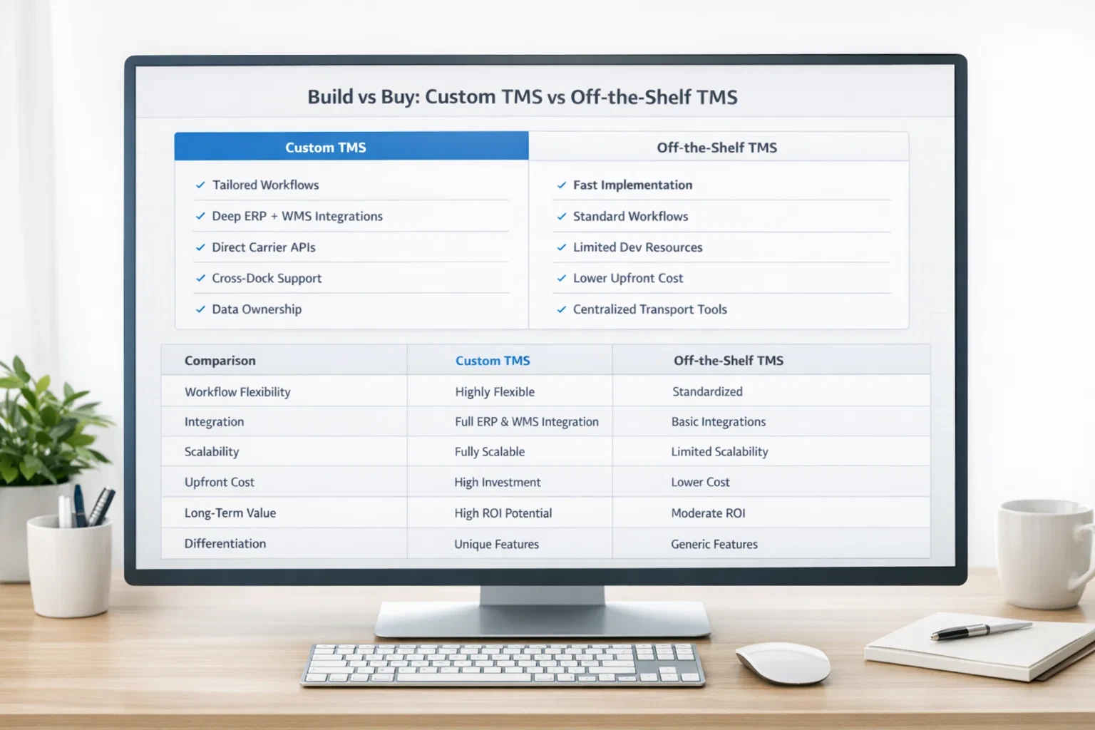 Side-by-side comparison chart on a monitor showing Custom TMS vs Off-the-Shelf TMS differences in workflow flexibility, integration, scalability, cost, ROI, and differentiation.