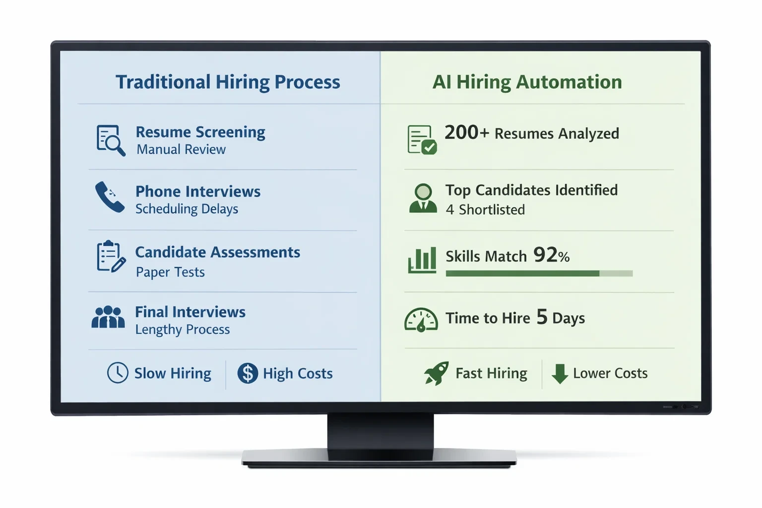 Side-by-side comparison of traditional hiring process vs AI hiring automation highlighting faster hiring and lower costs.
