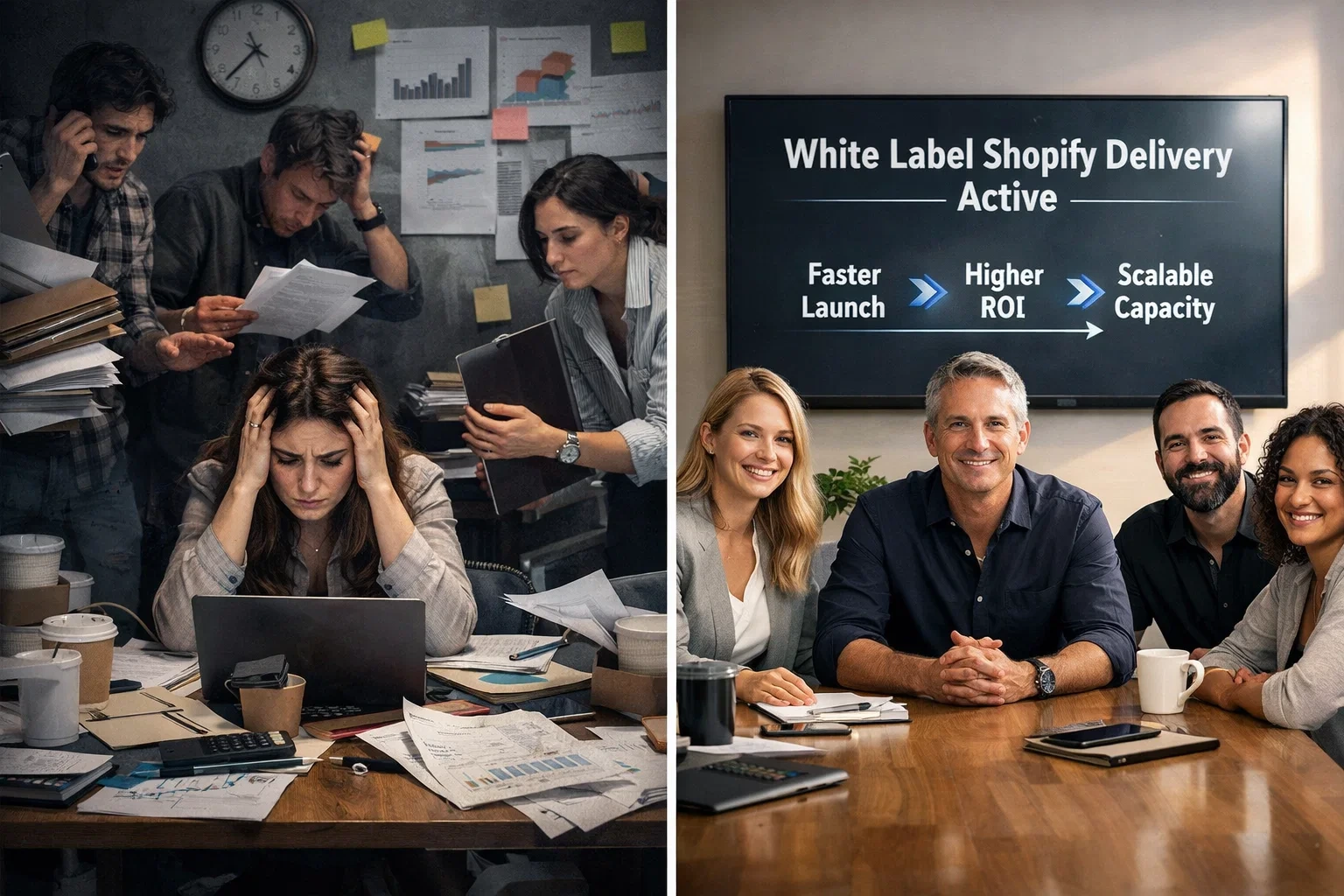 Split image showing stressed in-house team overwhelmed with paperwork versus confident team representing efficient white label Shopify delivery.
