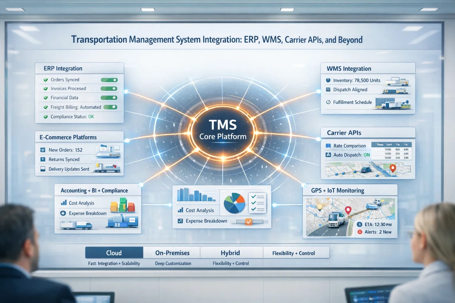 Visualization of Transportation Management System integration showing TMS core platform connected to ERP, WMS, carrier APIs, GPS and IoT tracking, e-commerce platforms, accounting tools, and deployment models including cloud, on-premises, and hybrid.
