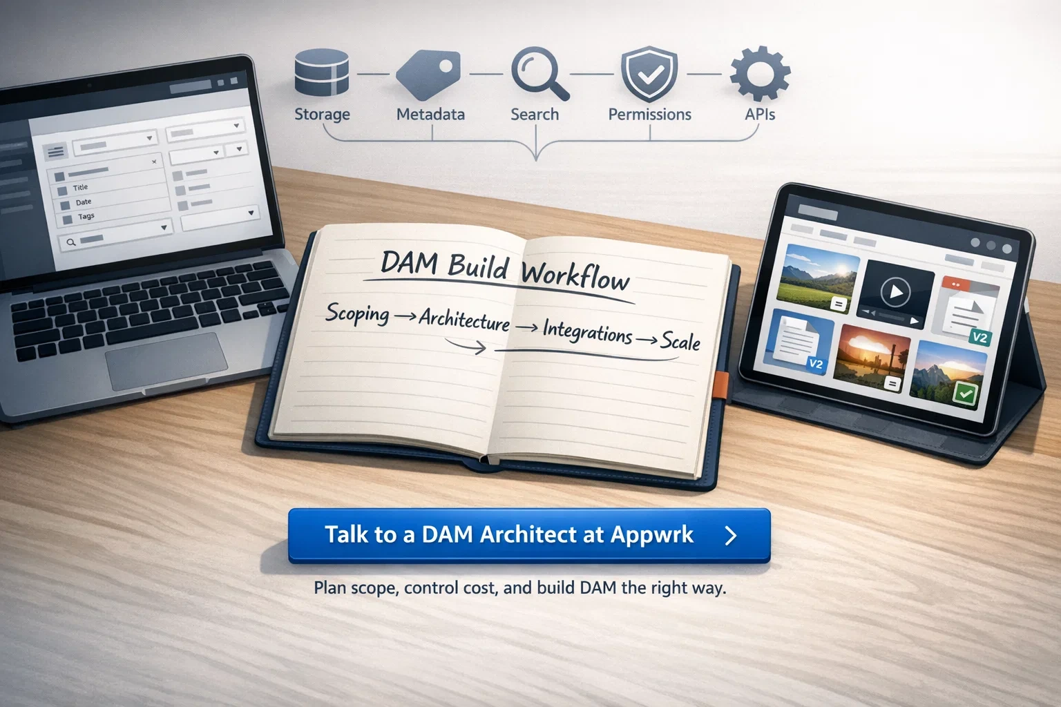 Workflow illustration showing DAM build stages—Scoping, Architecture, Integrations, Scale—with icons for storage, metadata, search, permissions, and APIs, plus “Talk to a DAM Architect at Appwrk” call-to-action.